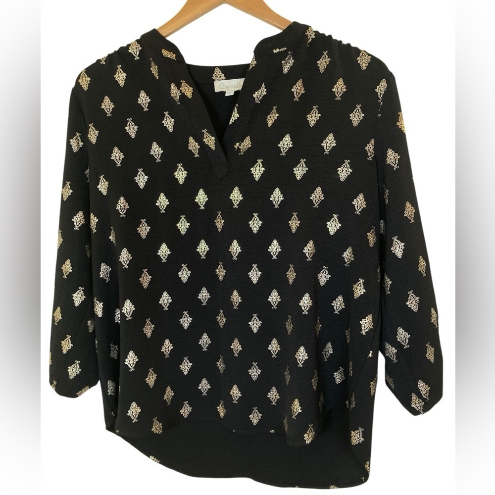 Chenault Black Gold Print Blouse Size S Boho Career V-Neck High Low Top